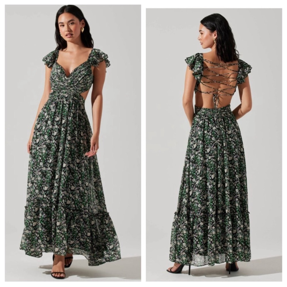 ASTR THE LABEL Primrose Floral Strappy Back Maxi Dress Black Blue Ditsy size L